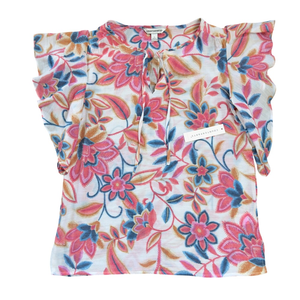 Counterparts Womens Small Floral Print Flutter Sleeve Tie Neck Blouse Summer Top